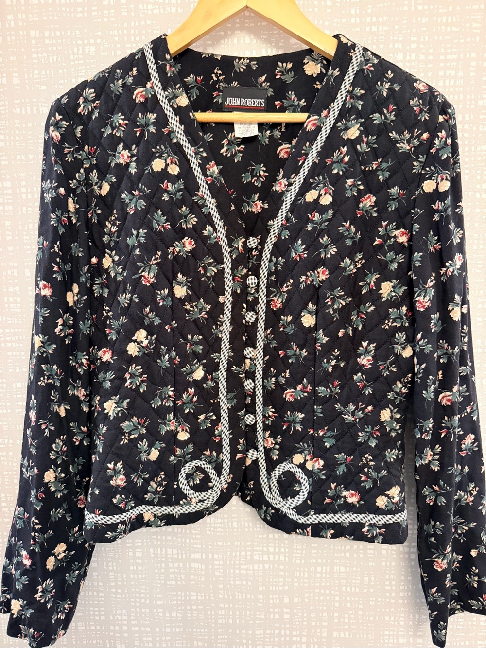 Vintage John Roberts Quilted Floral Blazer/Jacket with Houndstooth Trim, Size 10